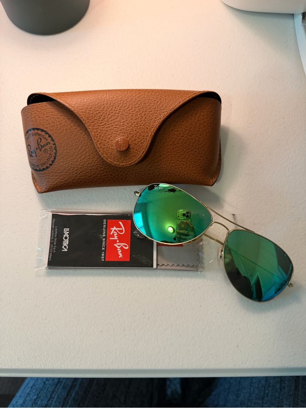 Ray-Ban Gold Frame Aviator Sunglasses with Green Mirrored Lenses